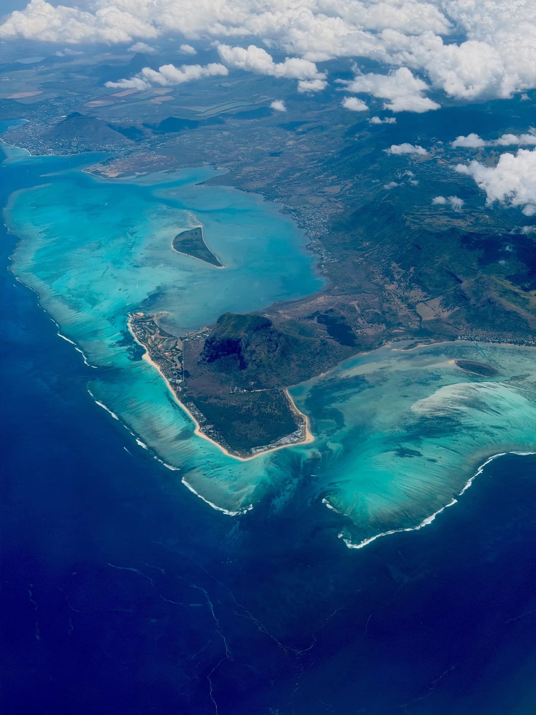 Aerial view of the Mauritius coast with its lagoon and reef